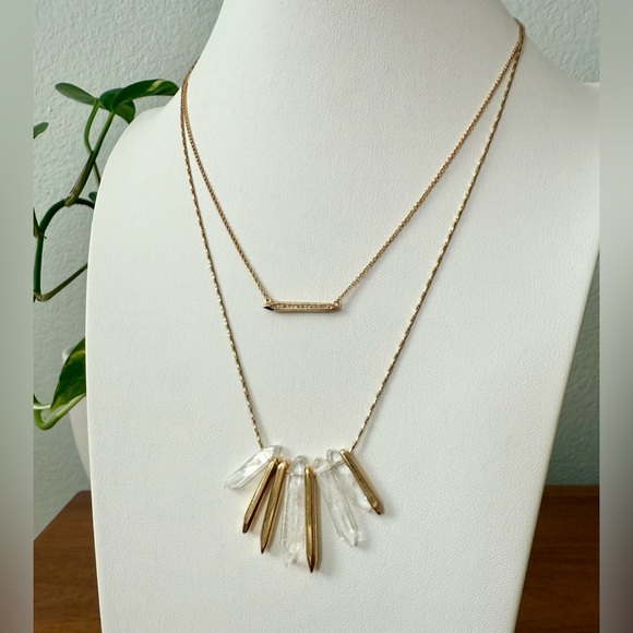 Stella & Dot Rebel Cluster Necklace Set Gold Bar Chain and Quartz Crystal 2 in 1 - Picture 9 of 9